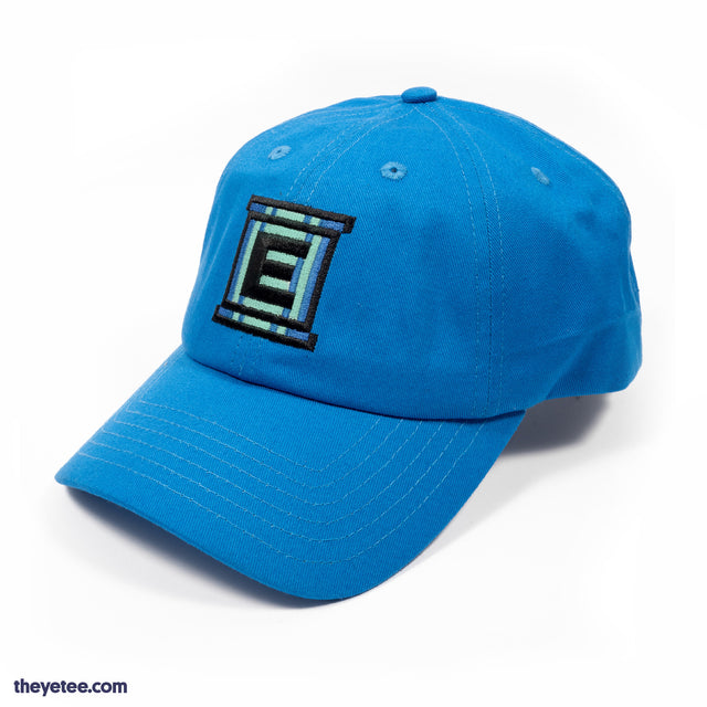 A blue dad-cap styled hat with matching blue Energy Tank logo embroidered on the front. Mega Man logo embroidered on the back - Mega Man E-Tank Cap
