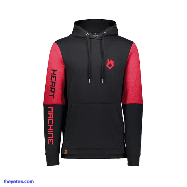 Black pullover hoodie with front pouch. Elbow seam to shoulder seam is red. Hood divided into thirds, middle section is red. - Heart Machine Hoodie