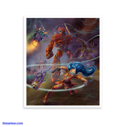 Flame and Grit protect a Russian town from monsters. Flame uses her whip. Behind, Grit stands stoically with sword in hand. 