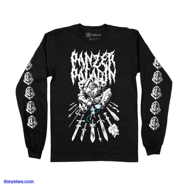 Black longsleeve. 13 swords lay at the feet of Grit and Flame. Along both sleeves, Grit's helmet is printed five in a row. - Panzer Paladin Metal Longsleeve