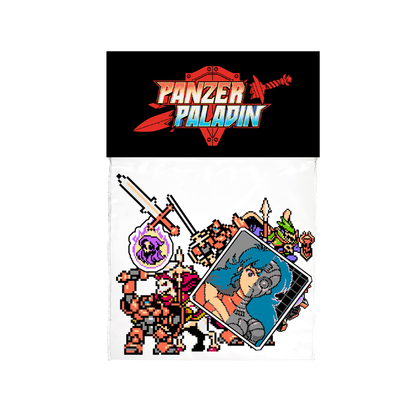 Approximately 2"+ stickers and feature pixel art of Flame, Grit, the Horseman, four individual swords, and various enemies from the game.