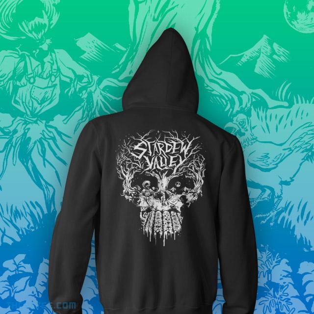 Back of Stardew Valley Black zip up hoodie of tree and crops making a skull in a classic heavy metal style - Skulldew Valley Zip-Up