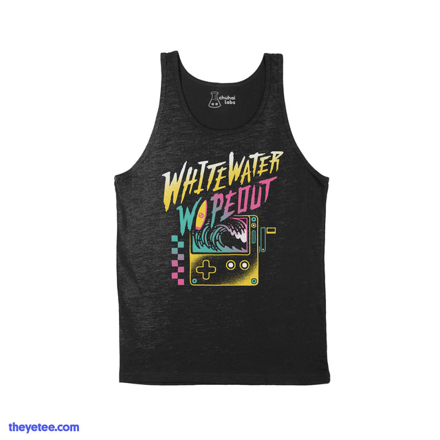 Heather black tank. Ombre text reads Whitewater Wipeout above a hand-held crank game with a surf wave image.   - Whitewater Wipeout Tank!