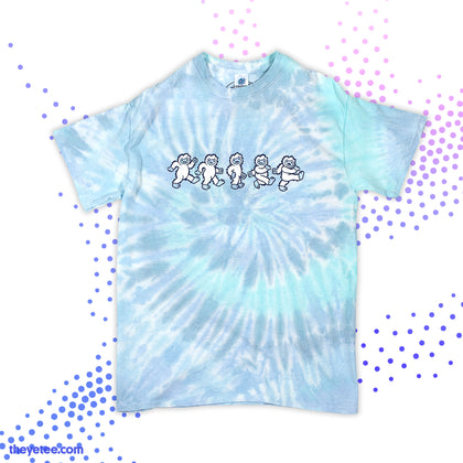 2 tone blue circle tie dye t-shirt shows chain of Dancing Yetees across front chest