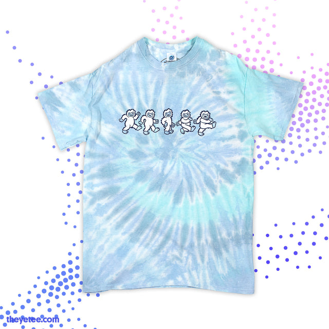 2 tone blue circle tie dye t-shirt shows chain of Dancing Yetees across front chest - Acid Yetees