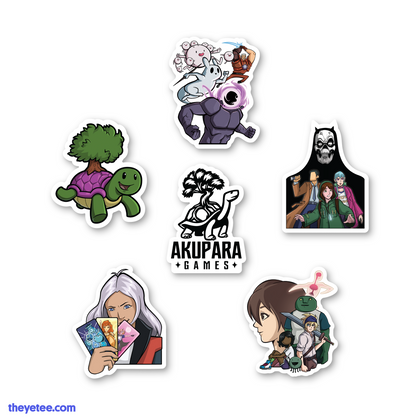 6 stickers referencing characters from various Akupara games like Spinch, Grime and Darkside Detective and the Akupara logo