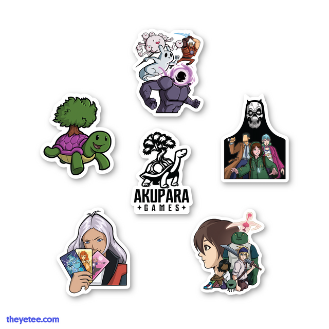 6 stickers referencing characters from various Akupara games like Spinch, Grime and Darkside Detective and the Akupara logo - Akupara Games Sticker Pack