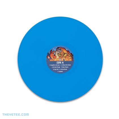 Pressed on solid sky blue vinyl, vinyl sticker has track listing and friends gathered around a campfire.