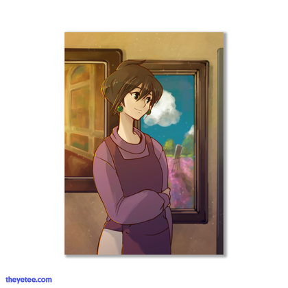 Artist has short brown hair wearing green round earrings, purple cowl-necked sweater and apron as she stands by her paintings
