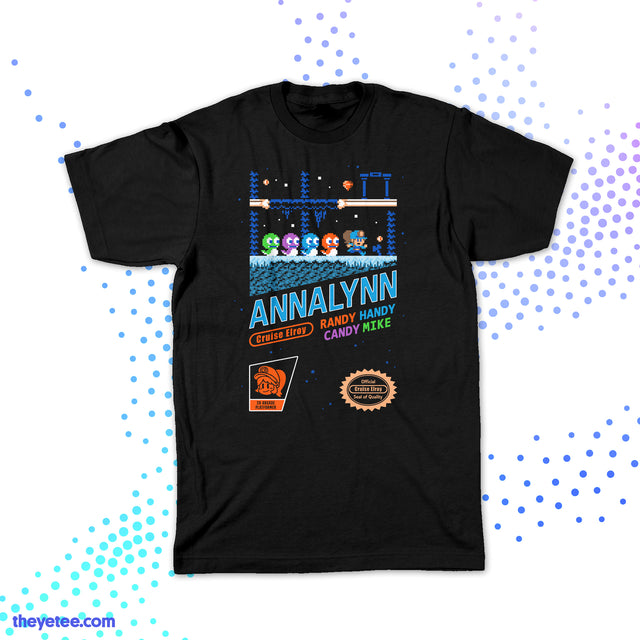 Black T-shirt shows a scene from Annalynn in arcade style design.  - Annalynn Retro