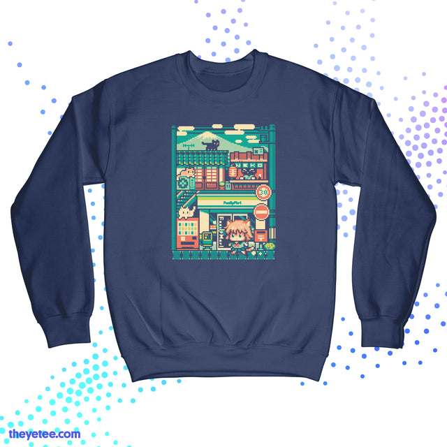 Navy blue sweatshirt shows Pixel style Cat town city front with characters - Cat Town