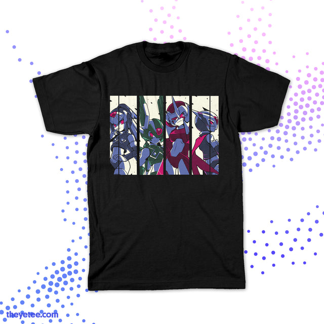 Black T-shirt shows four panels each one with a Mega Man character - Four Guardians