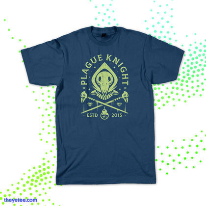 Navy T-shirt shows Plague Night head in skull and crossbones design