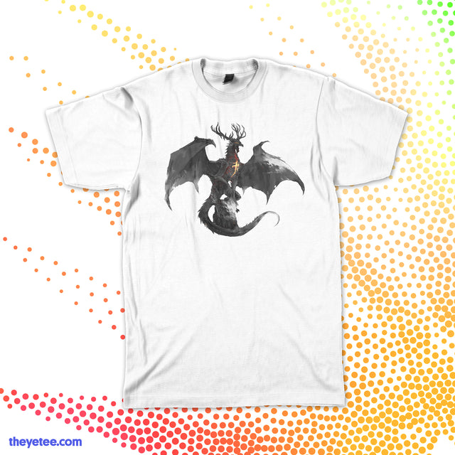 White tee with black winged dragon perched atop a rock. Dragon has antler-like horns with shining chest emblem.  - Razul