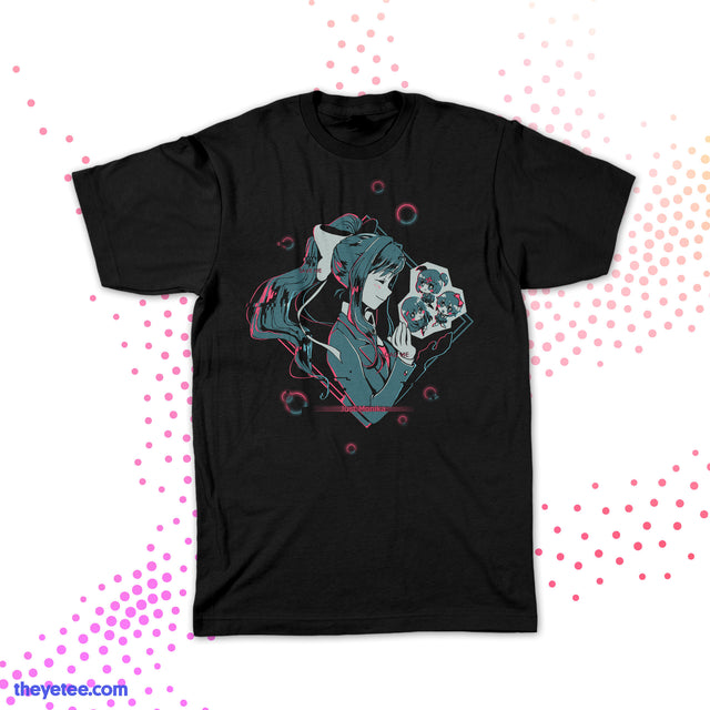 Black tee. Side-profile of Monika smiling while holding chibi versions of Yuri, Natsuki and Sayori between her hands. - Just Monika