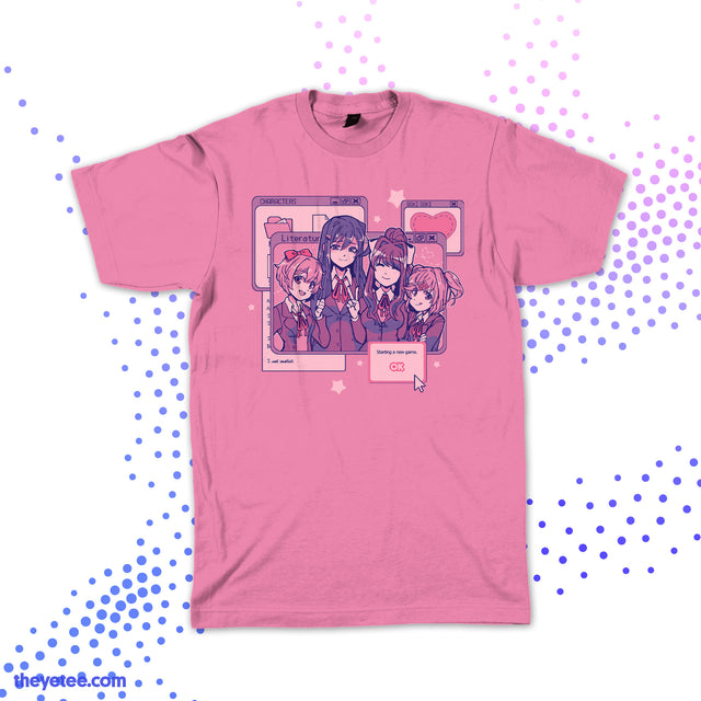 Pink tee. Open file window titled Literature with the main characters posing and smiling. Press "Okay" to start a new game.  - New Game?