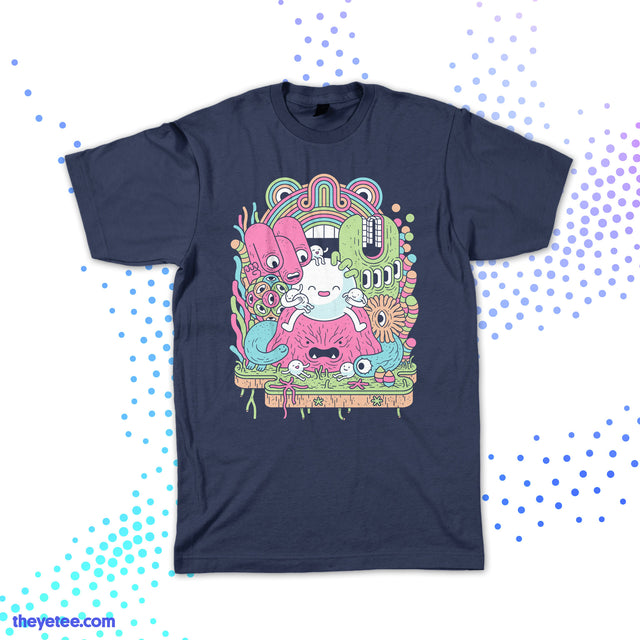 Navy blue tee shirt featuring Spinch character with litter of offspring surrounded by a swarm of misshapen and malformed oddities trying to gobble up the offspring - Transcend