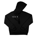 Black hoodie with hood and front pocket pouch. Front design is the word PLAY in a white television-static style. - COPYRIGHT WARNING