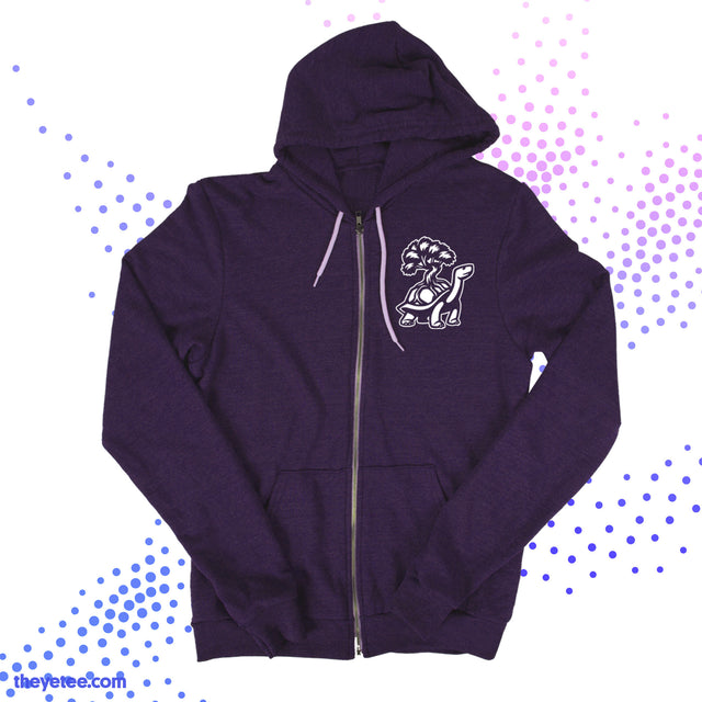 Purple zip up with the Akupara Games logo on the chest in front and on the back in white. Logo is a tortoise carrying a tree. - Akupara Games Zip-Up