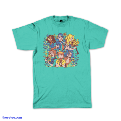Seafoam green tee of six village bachelorettes of Stardew Valley holding bouquets of flowers
