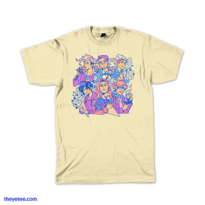 Off White tee shows six bachelors of Stardew Valley holding bouquets of flowers