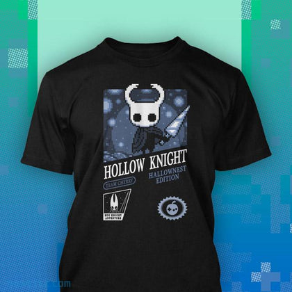 Black tee shirt. 8-Bit style design of the Knight in Hallownest holding Old Nail.