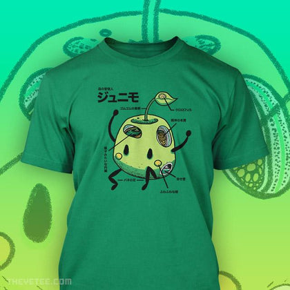 Green tee of green Junimo in a classic Japanese Kaiju anatomy artwork style