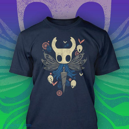 Blue tee shirt. Design of a winged Knight holding the Old Nail is centered. Around them are the masks of The Dreamers. 