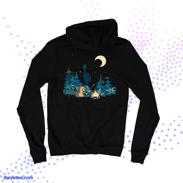 Black hoodie shows night campfire scene on back, knight and friend sitting by fire - Knight's Rest