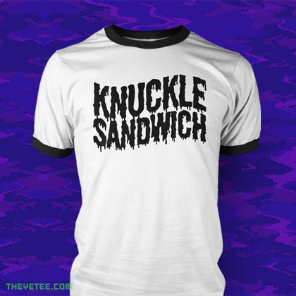 White/ Black Ringer Tee with Knuckle Sandwich logo in black across the chest