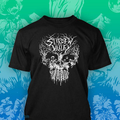 Stardew Valley Black tee of tree and crops making a skull in a classic heavy metal style