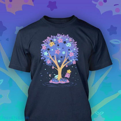 Navy tee of Stardew Valley's Junimos climbing the Stardrop tree harvesting the mysterious stardrop fruits