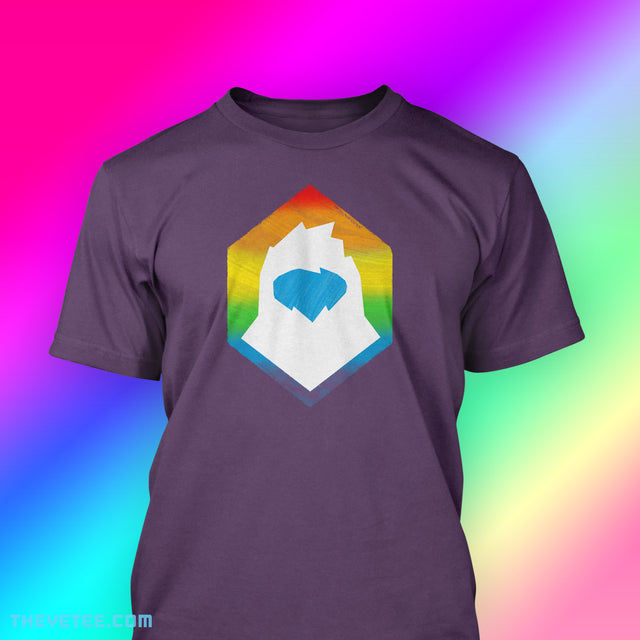 Purple tee shirt with the hexagon Yetee logo in the center. Within the hexagon is a rainbow behind the Yetee's head. - Yetee Pride