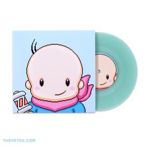 Side by side photo of the sleeve and vinyl. Vinyl is pressed on seaform aqua wax.