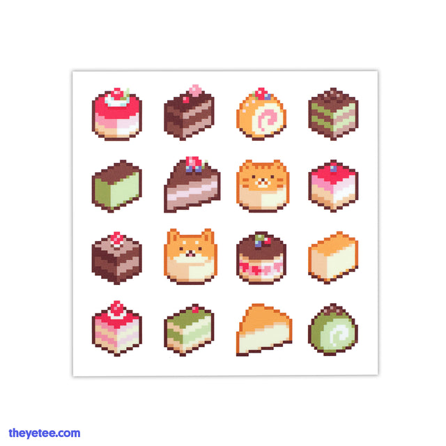 Sixteen individual pixelized desserts ranging from slices of cake, swiss rolls, and even dog and cat shaped buns.  - Byte Sized Snacks