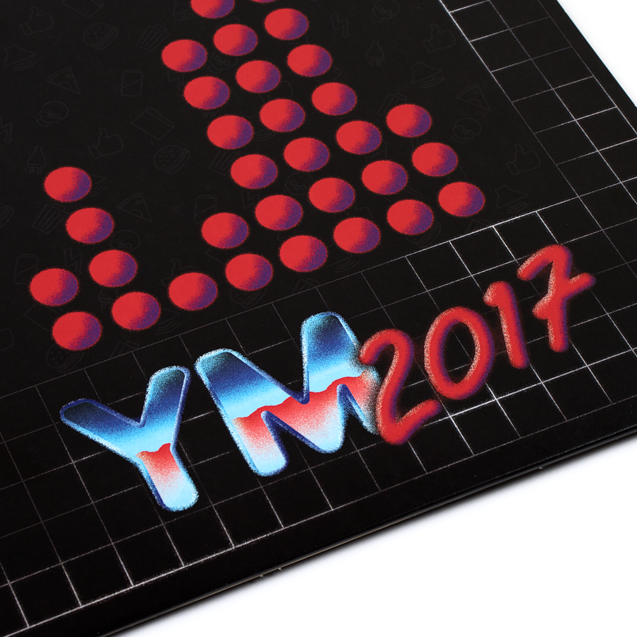 YM2017 - Catskull Records | Black with white grid pattern, centered in a black square are red vertical circles similar to an 8x8 LED dot matrix display.