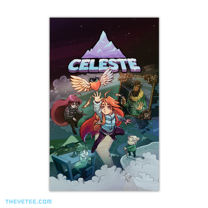 In the center, Celeste is floating a reaching towards a winged strawberry. To her left is Badeline floating, to her right is Theo trapped in a cracked mirror. Below Madeline is Mr. Oshiro floating across from Old Woman who is standing on a cliff. The foreground is mountainous and the background is a starry night sky.