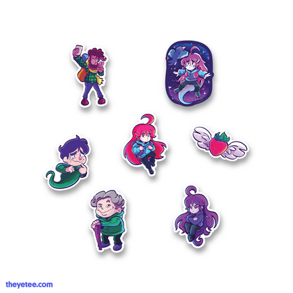 Stickers of Madeline, Badeline, Theo, Granny, Mr. Oshiro, winged strawberry and Madeline riding a fish with Bird.