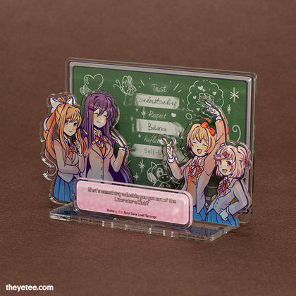 Monika, Yuri, Natsuki and Sayori happily pose in front of a doodled chalkboard with 6 words written down the middle. 