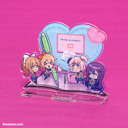 Miniature chibi avatars of the characters pose with pens and erasers atop an open book with a poem on the page. 