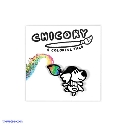 Chicory character hard enamel pin- Black and white character holding paintbrush colored with rainbow paint