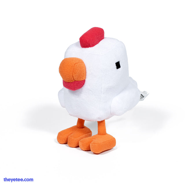 An 8-bit styled white chicken plush with orange feet and beak with a red comb on top of its head.   - Crossy Road Chicken Plush