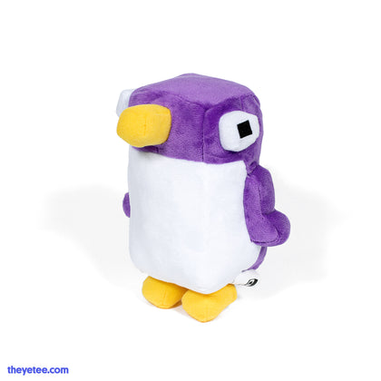 An 8-bit styled purple penguin with a white belly and yellow beak and yellow feet.  