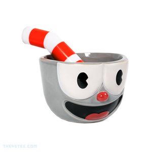 Grey cermaic mug of Cuphead's head. Also comes with a red and white banded straw. 