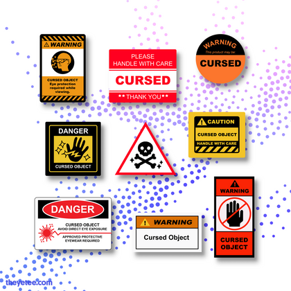 Assortment of square, circle and triangle warning labels using red, orange, yellow and black colors to caution others
