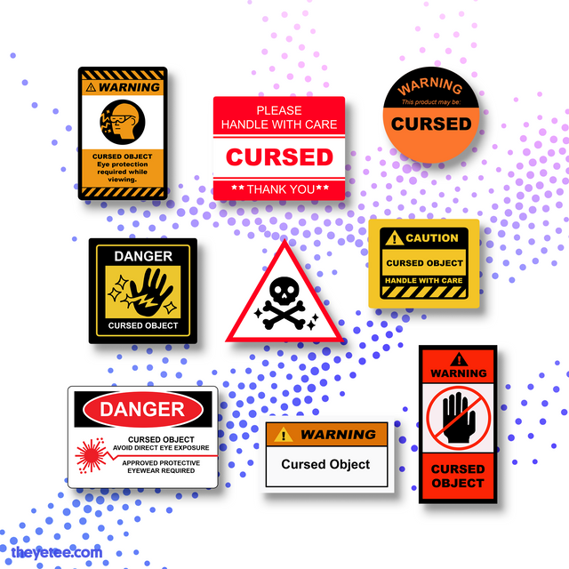 Assortment of square, circle and triangle warning labels using red, orange, yellow and black colors to caution others - Cursed Objects