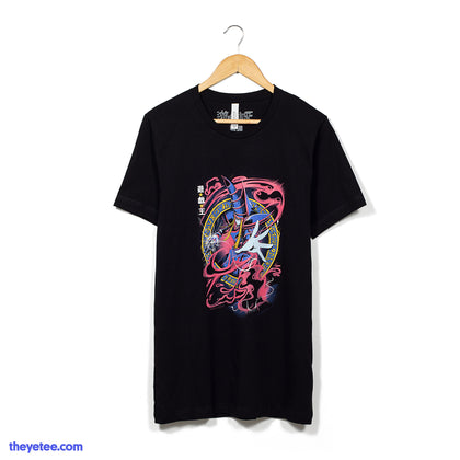 Black T-Shirt shows Yu-Gi-Oh Dark Magician dispelling magic.