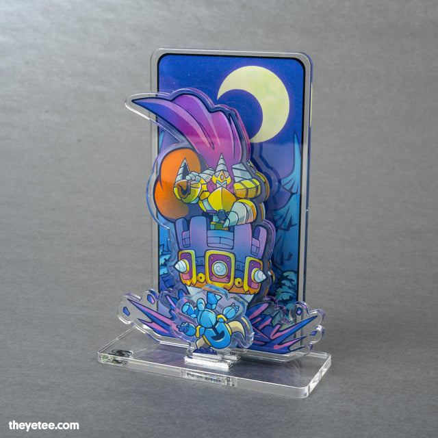 Acrylic Standee shows Shovel Knight falling from tower with villain at top - Drill Arms