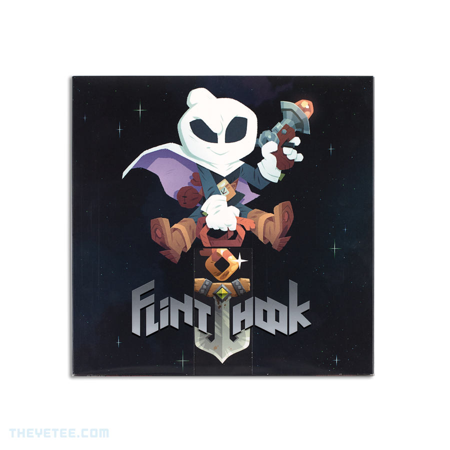 Flinthook | Flinthook Soundtrack 12” pink vinyl cover shows Flinthook character holding Plasma pistol in right hand pointed up while holding Chainhook in left hand pointed down  through title floating in night sky background