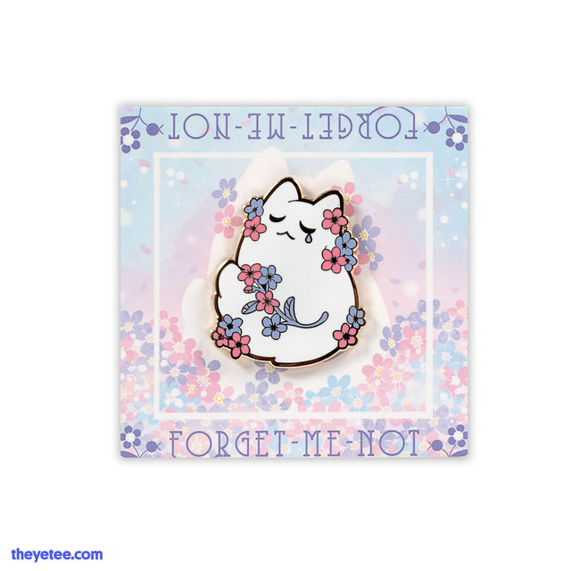 Hard enamel pin of white  cat with purple and pink flowers - Forget Me Not